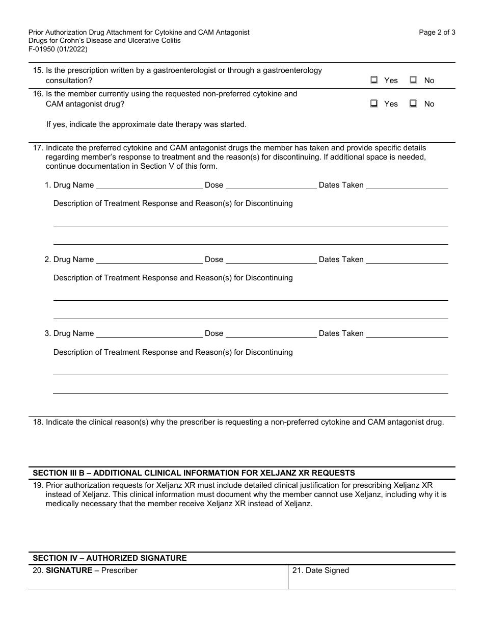 Form F-01950 Prior Authorization Drug Attachment for Cytokine and Cell Adhesion Molecule (Cam) Antagonist Drugs for Crohns Disease and Ulcerative Colitis - Wisconsin, Page 2