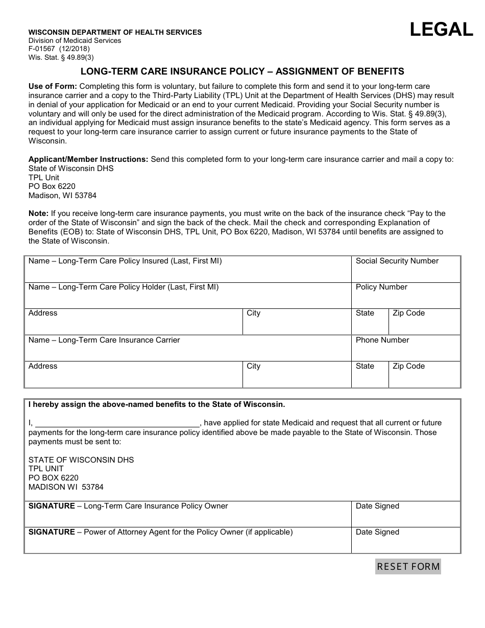Form F-01567 Long-Term Care Insurance Policy - Assignment of Benefits - Wisconsin, Page 1
