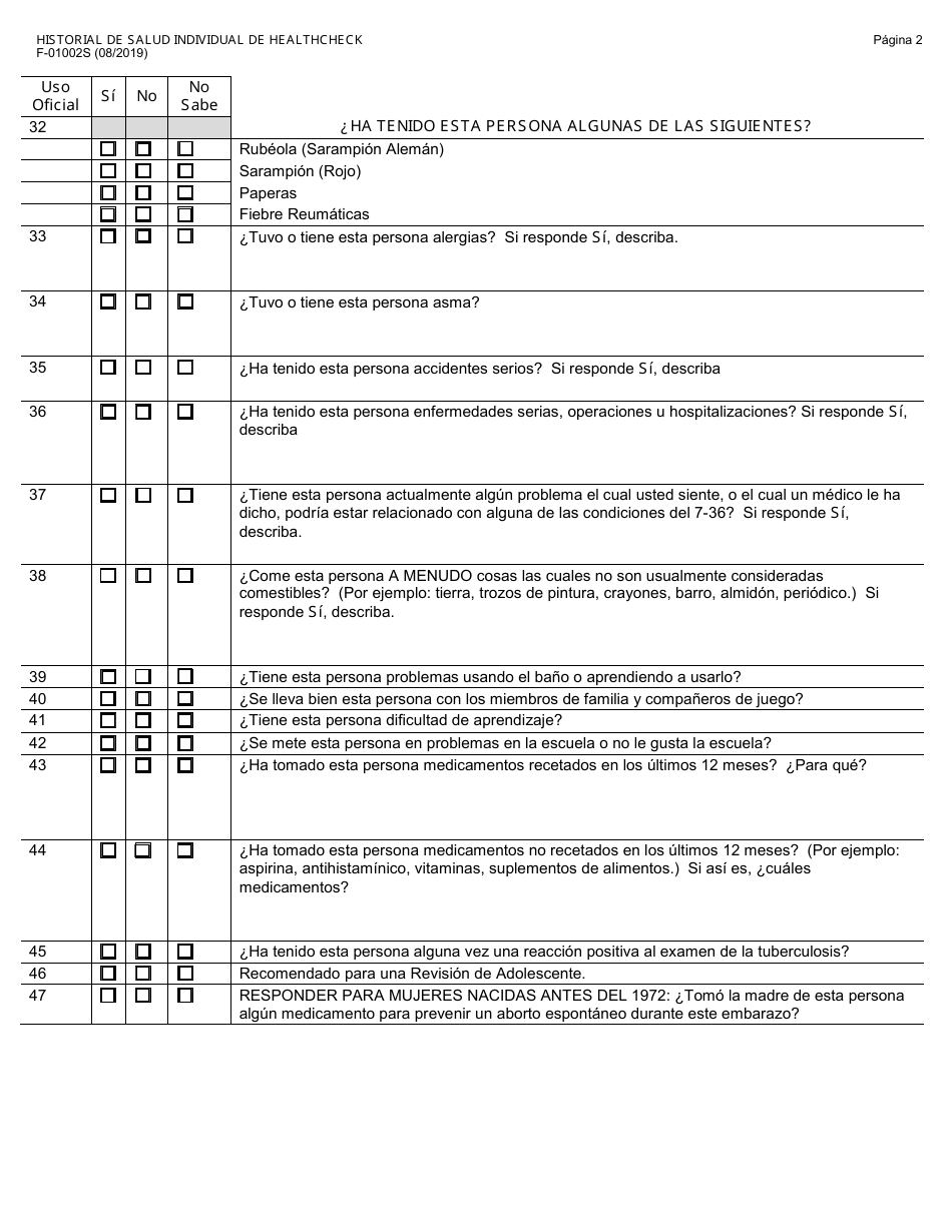 Formulario F-01002 Historial De Salud Individual De Healthcheck - Wisconsin (Spanish), Page 2