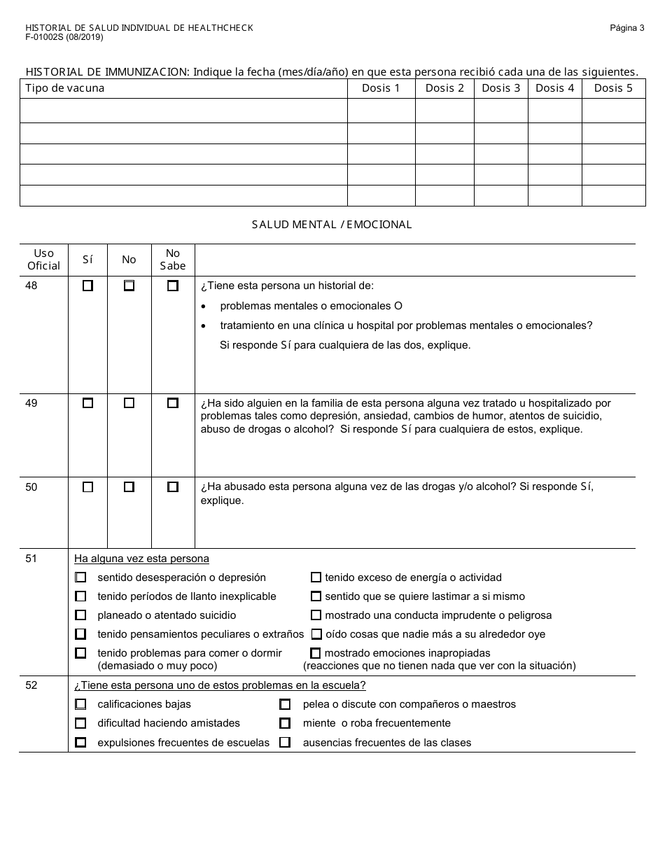 Formulario F-01002 Historial De Salud Individual De Healthcheck - Wisconsin (Spanish), Page 3