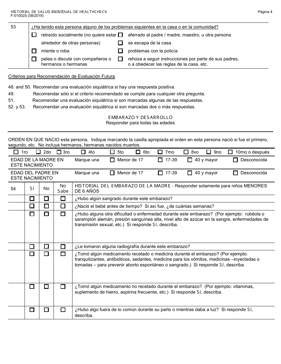 Formulario F-01002 Historial De Salud Individual De Healthcheck - Wisconsin (Spanish), Page 4