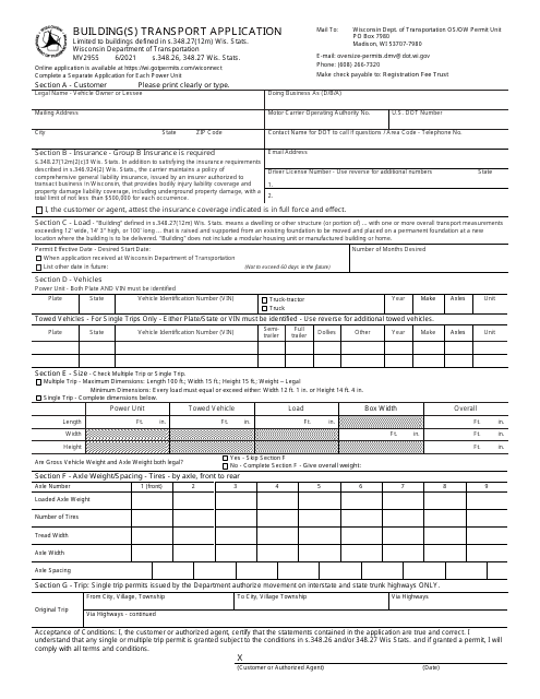 Form MV2955 Building(S) Transport Application - Wisconsin