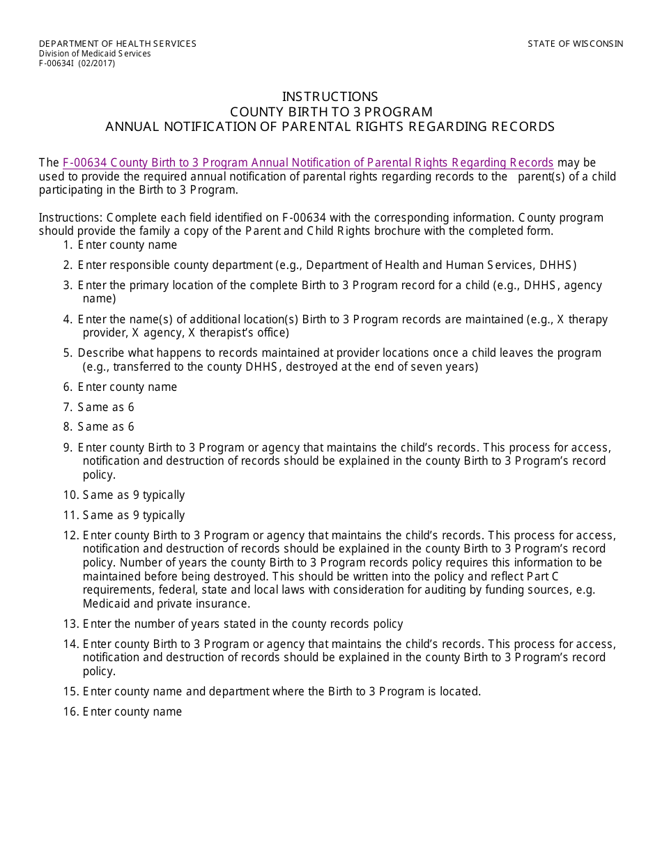 Instructions for Form F-00634 Annual Notification of Parental Rights Regarding Records - County Birth to 3 Program - Wisconsin, Page 1