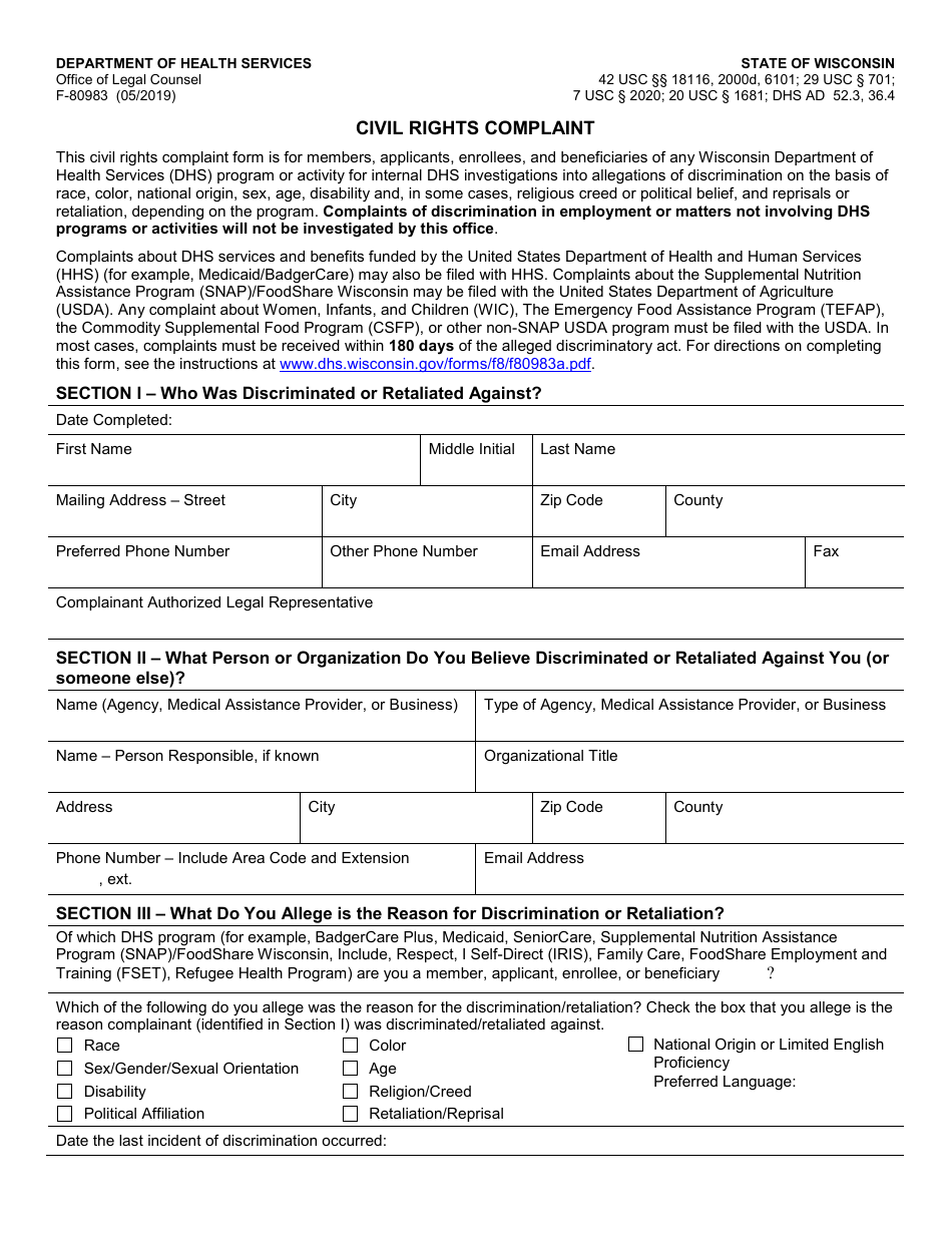 Form F-80983 Civil Rights Complaint - Wisconsin, Page 1