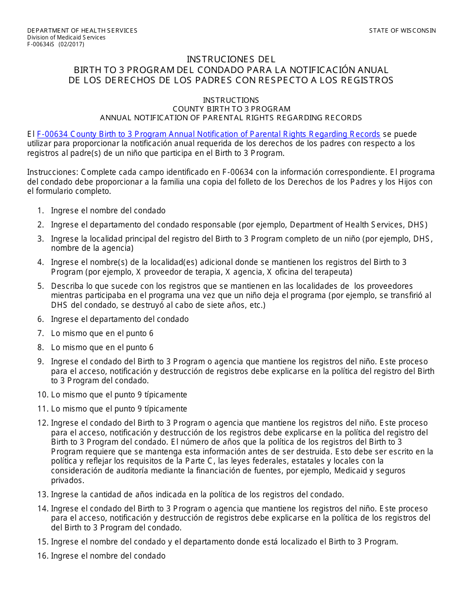 Instrucciones para Formulario F-00634 Notificacion Anual De Los Derechos De Los Padres Con Respecto a Los Registros Del Birth to 3 Program Del Condado De - Wisconsin (Spanish), Page 1