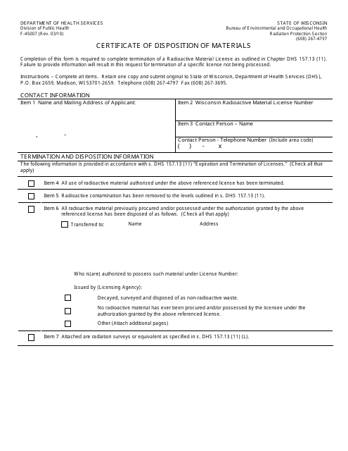 Form F-45007 Certificate of Disposition of Materials - Wisconsin