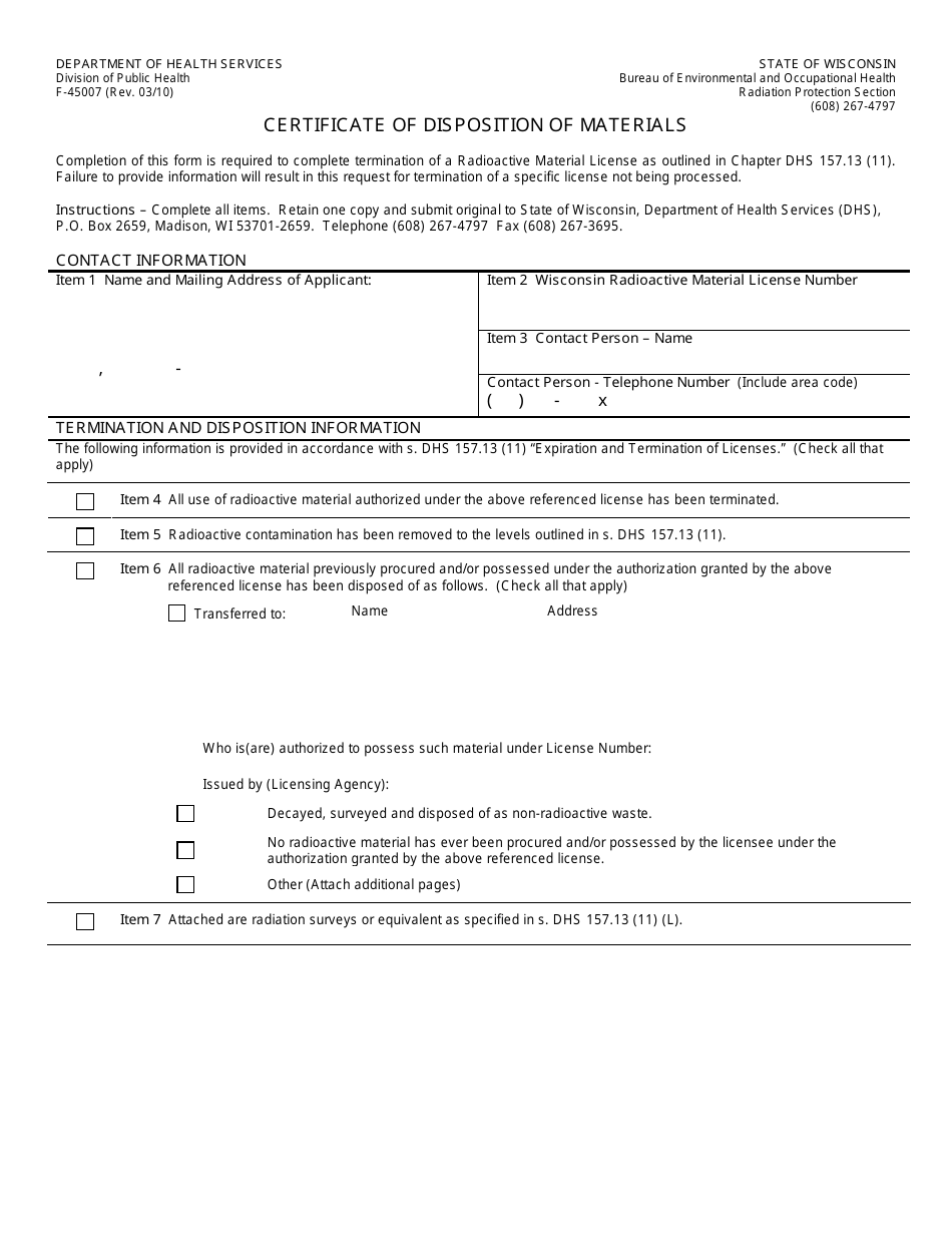 Form F-45007 Certificate of Disposition of Materials - Wisconsin, Page 1