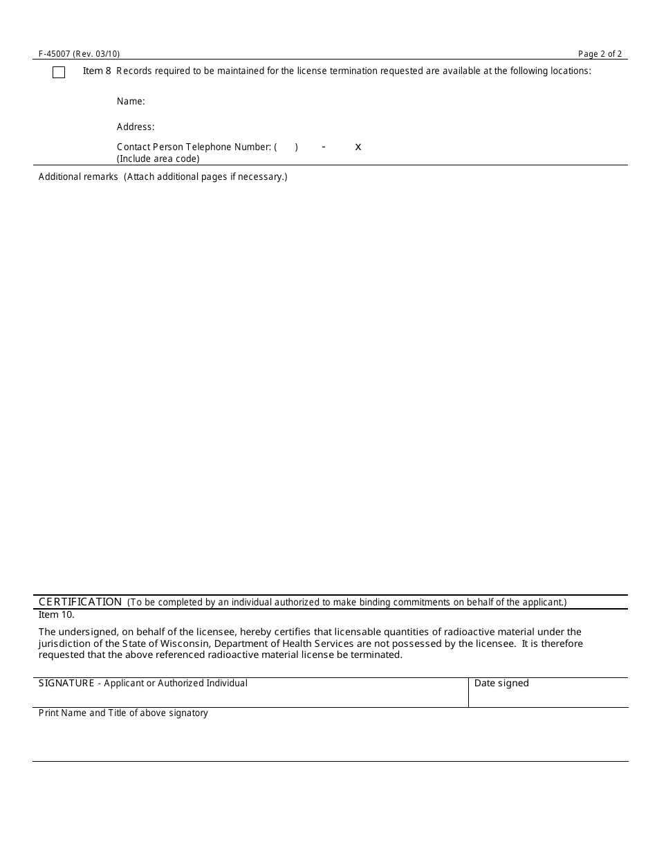 Form F-45007 Certificate of Disposition of Materials - Wisconsin, Page 2