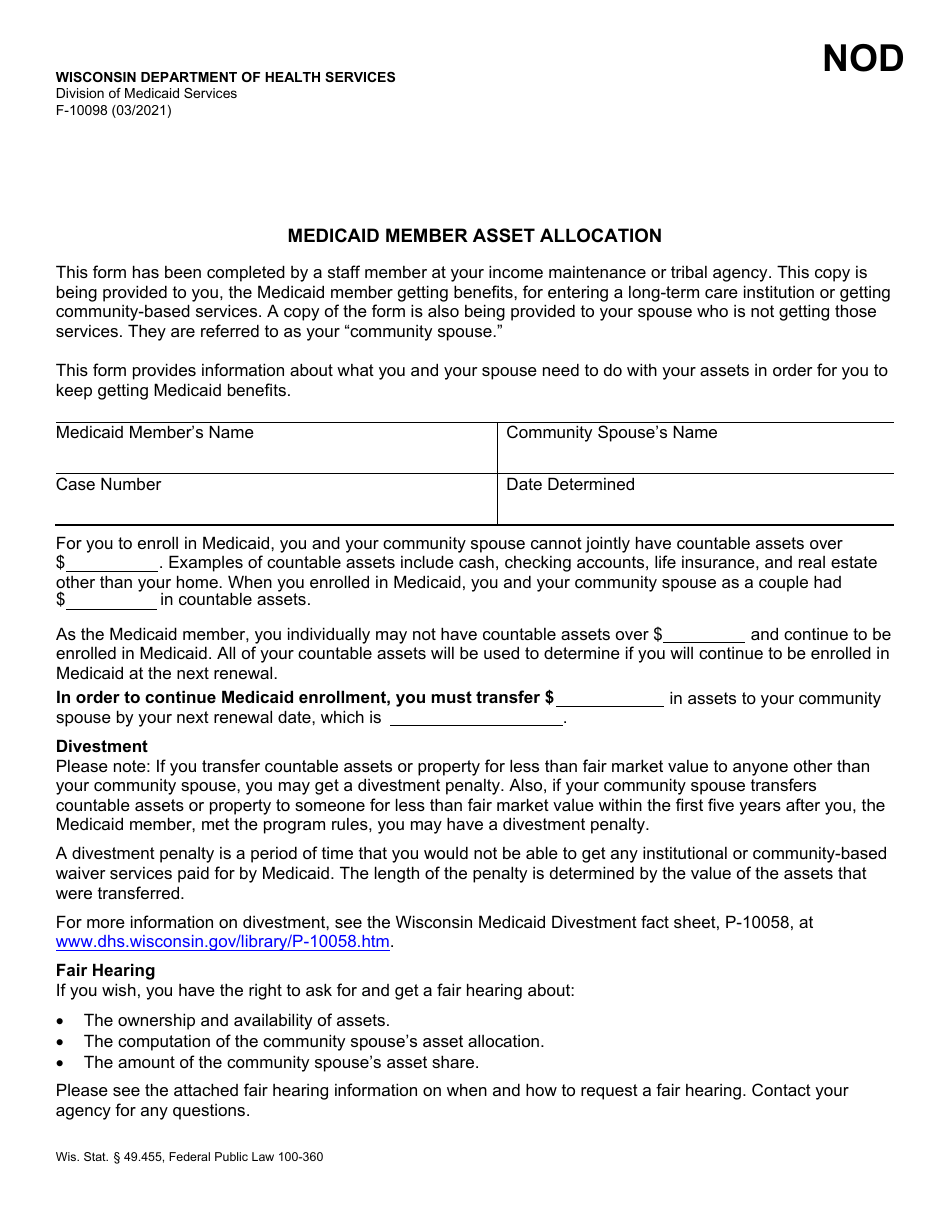 Form F-10098 Medicaid Member Asset Allocation - Wisconsin, Page 1