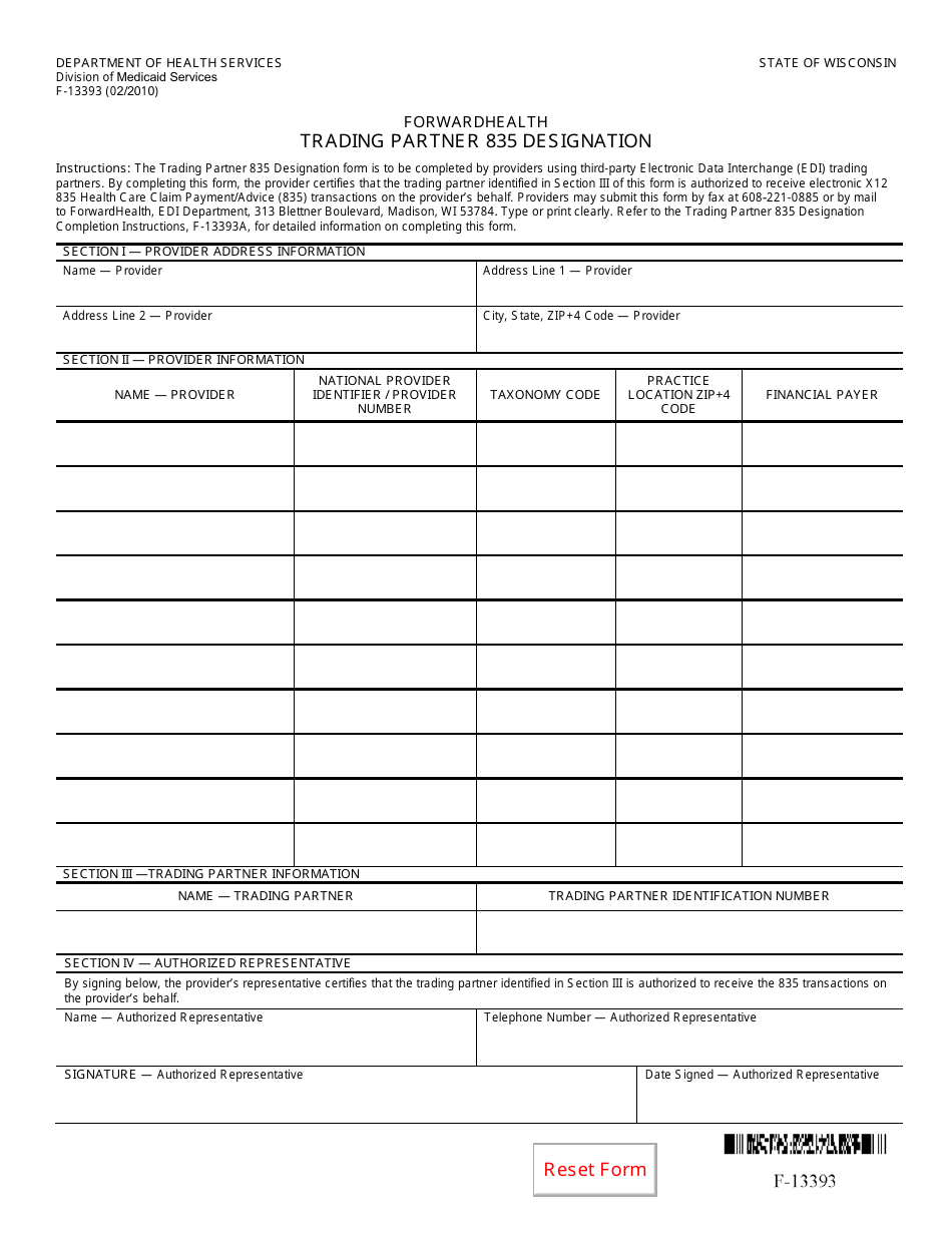 Form F-13393 Trading Partner 835 Designation - Wisconsin, Page 1