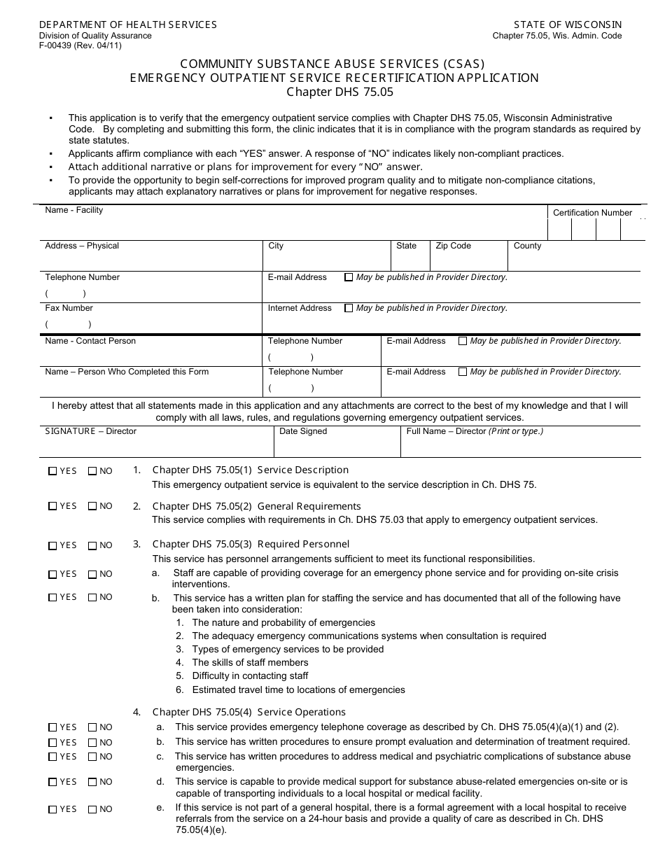 Form F-00439 Community Substance Abuse Services (Csas) Emergency Outpatient Service Recertification Application - Chapter DHS 75.05 - Wisconsin, Page 1