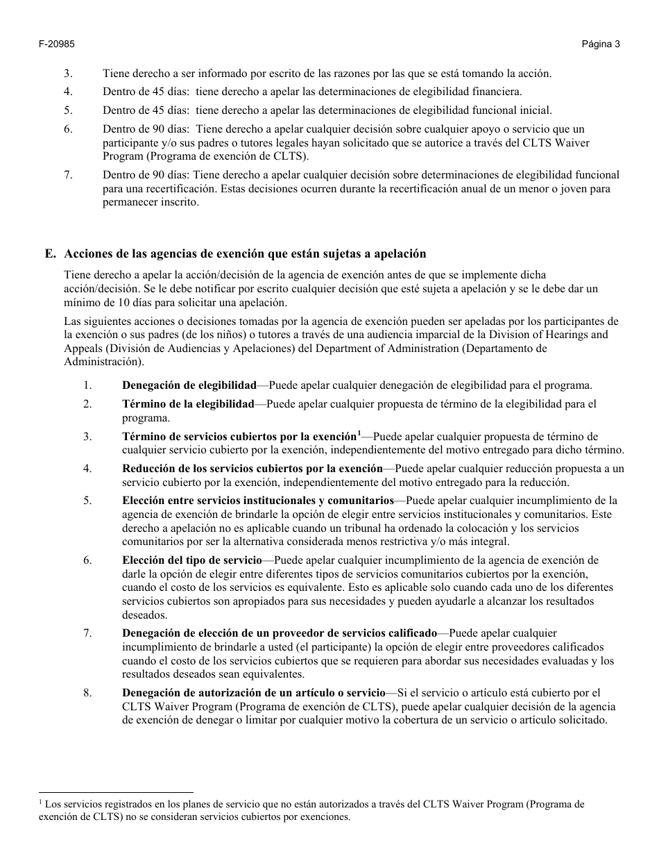 Formulario F-20985 Notificacion De Derechos Y Responsabilidades Del Participante - Wisconsin (Spanish), Page 3