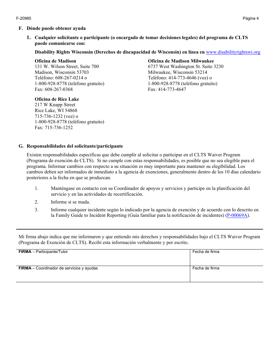 Formulario F-20985 Notificacion De Derechos Y Responsabilidades Del Participante - Wisconsin (Spanish), Page 4