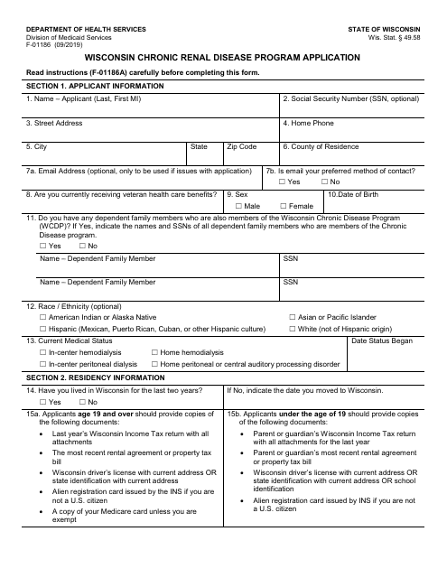 Form F-01186 Wisconsin Chronic Renal Disease Program Application - Wisconsin