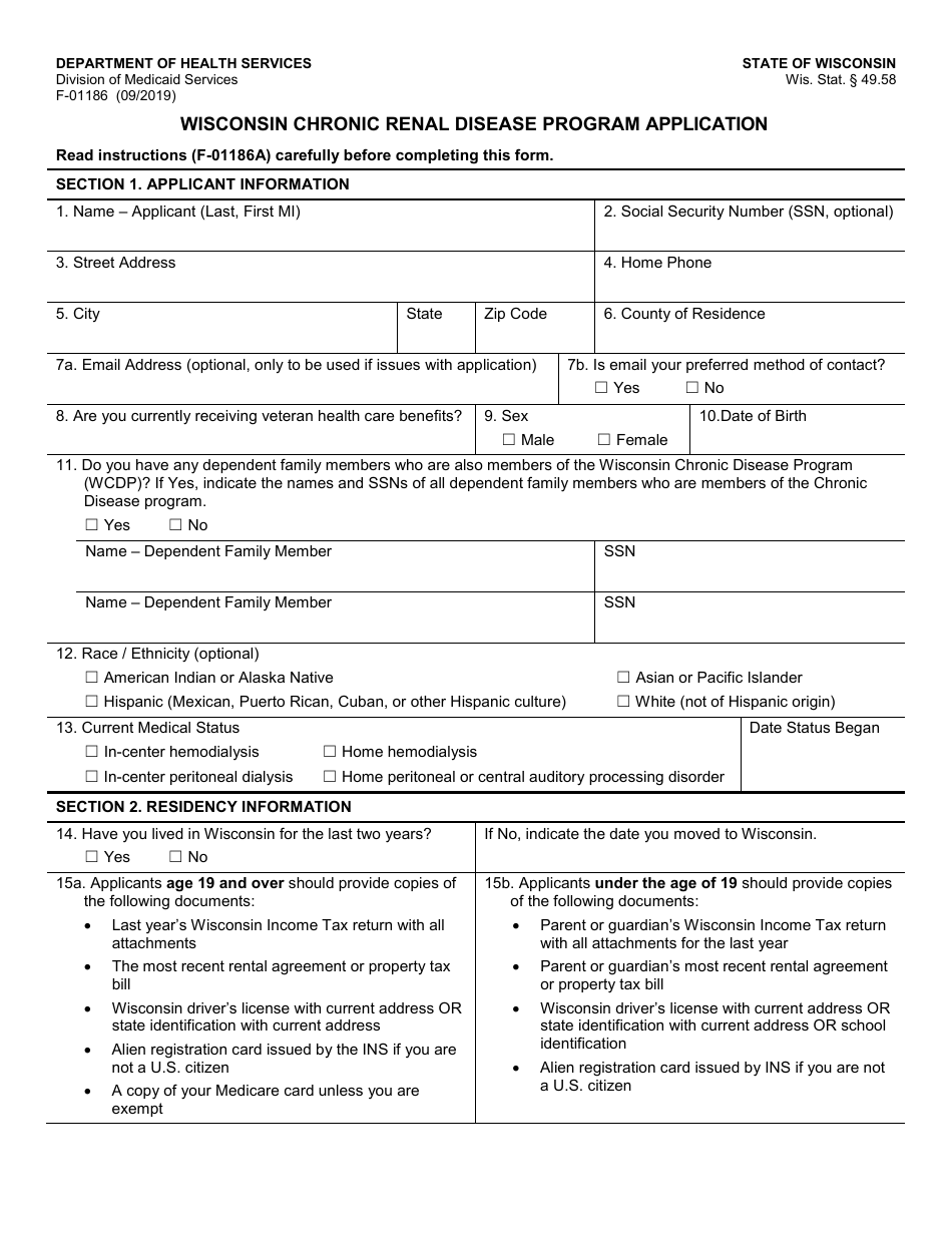 Form F-01186 Wisconsin Chronic Renal Disease Program Application - Wisconsin, Page 1