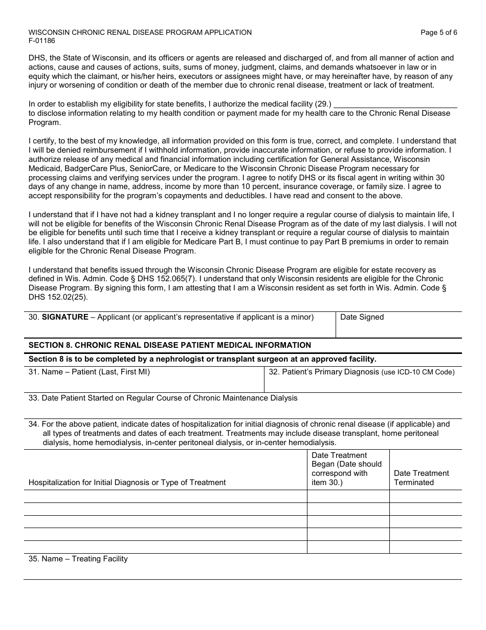 Form F-01186 Wisconsin Chronic Renal Disease Program Application - Wisconsin, Page 5