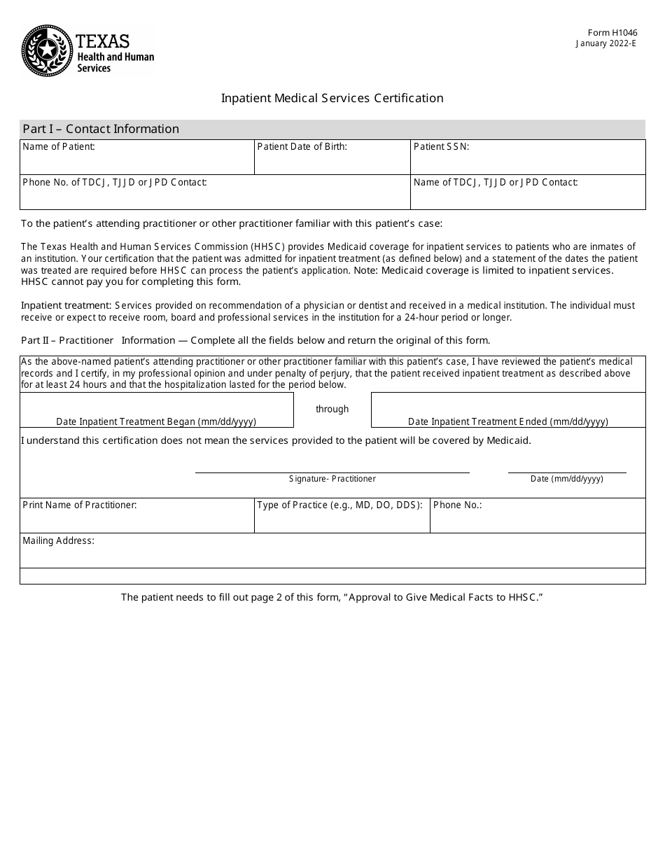 Form H1046 Inpatient Medical Services Certification - Texas, Page 1