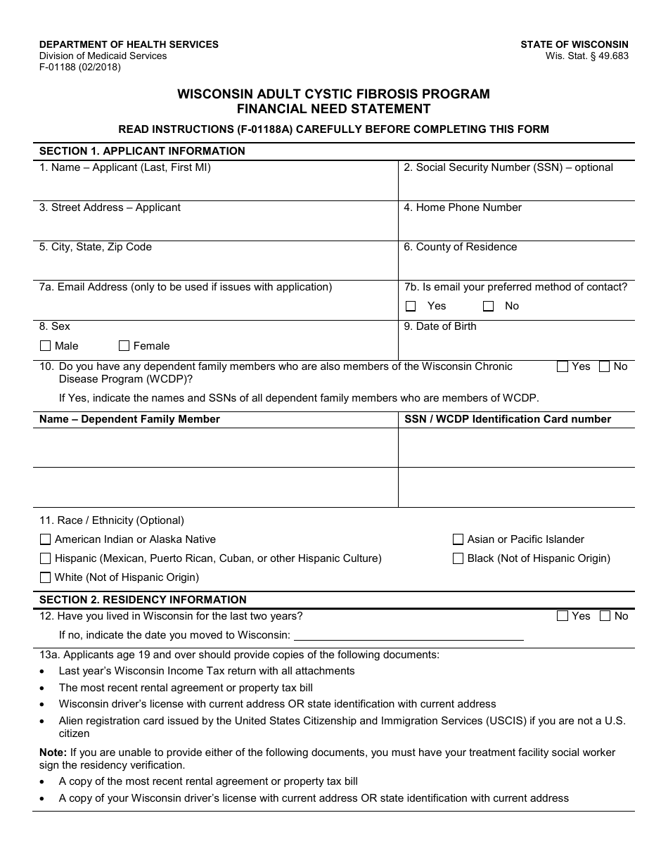 Form F-01188 Wisconsin Adult Cystic Fibrosis Program - Financial Need Statement - Wisconsin, Page 1