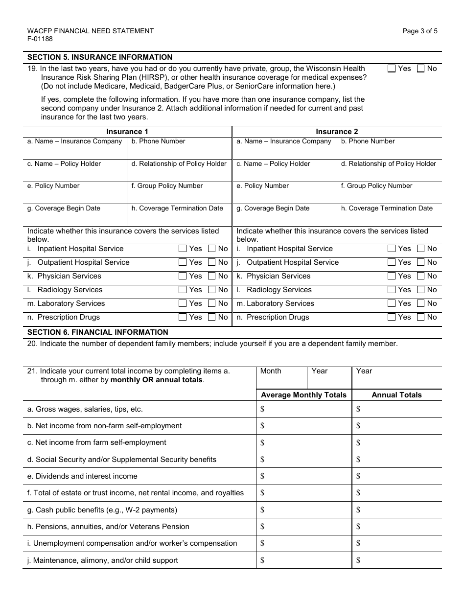 Form F-01188 Wisconsin Adult Cystic Fibrosis Program - Financial Need Statement - Wisconsin, Page 3