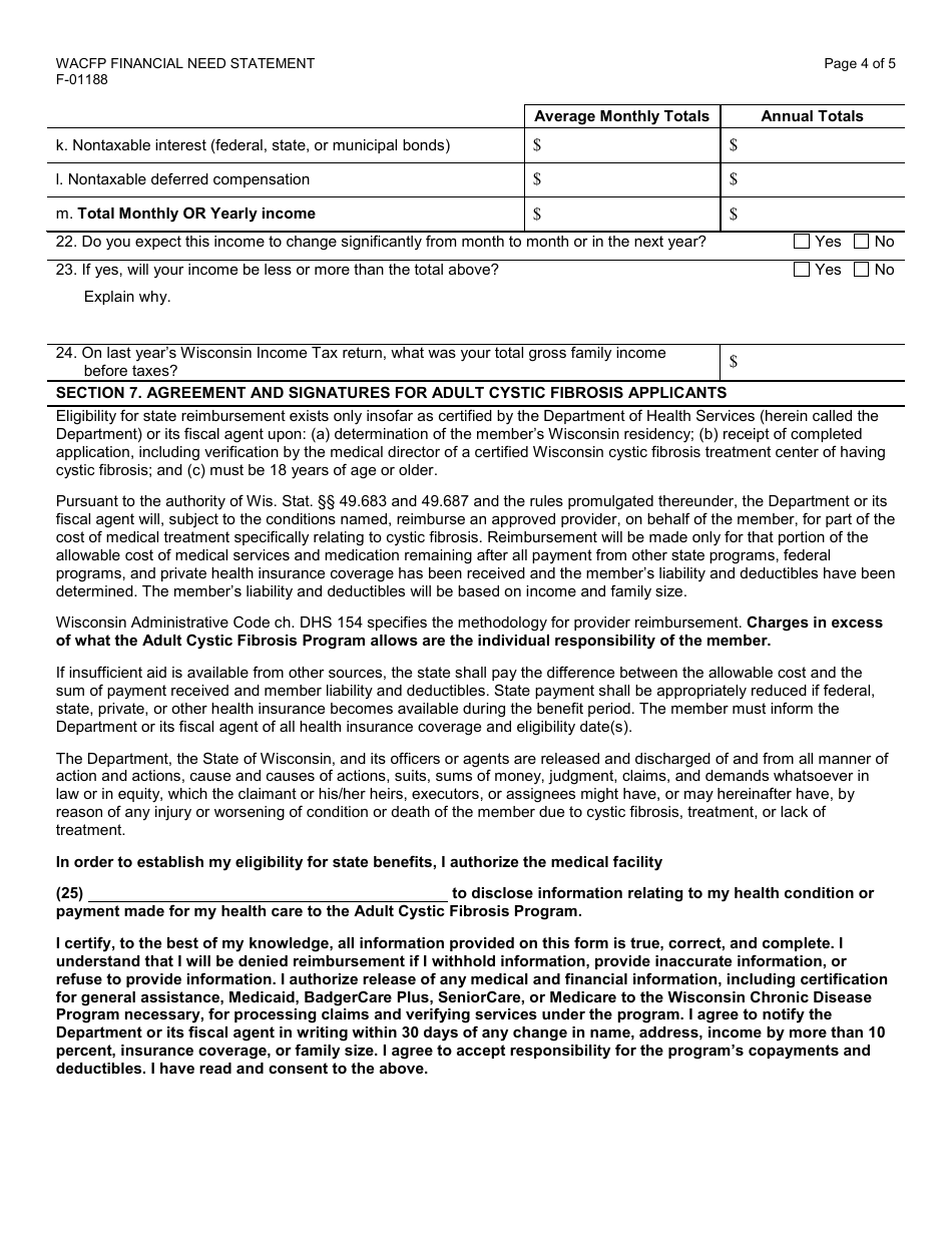 Form F-01188 Wisconsin Adult Cystic Fibrosis Program - Financial Need Statement - Wisconsin, Page 4