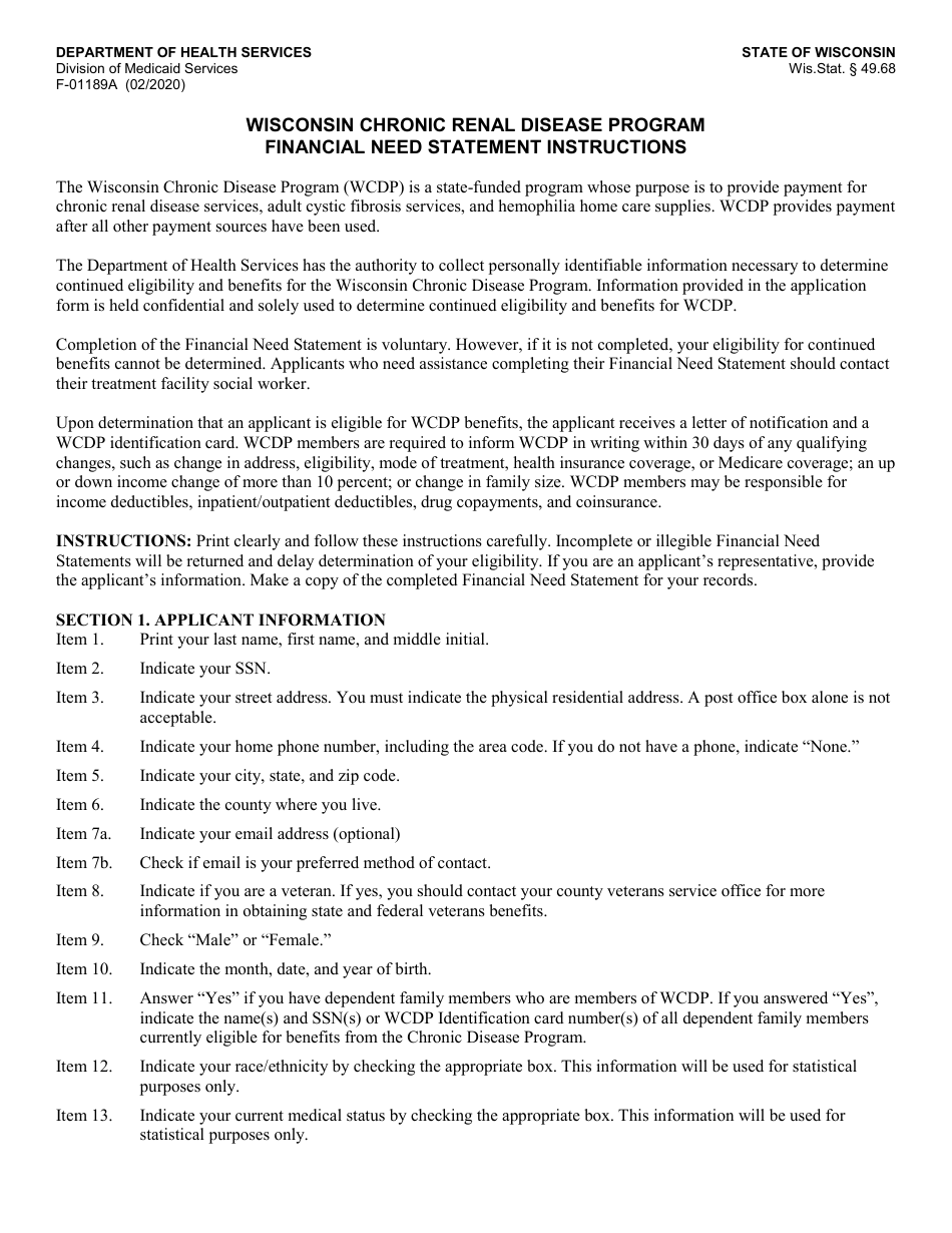 Instructions for Form F-01189 Financial Need Statement - Wisconsin Chronic Renal Disease Program - Wisconsin, Page 1