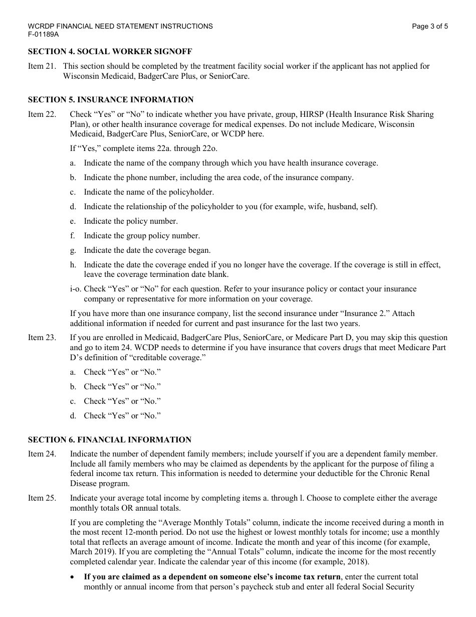Instructions for Form F-01189 Financial Need Statement - Wisconsin Chronic Renal Disease Program - Wisconsin, Page 3