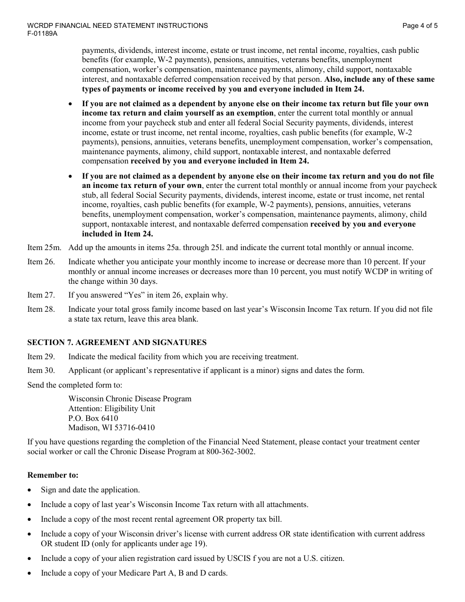 Instructions for Form F-01189 Financial Need Statement - Wisconsin Chronic Renal Disease Program - Wisconsin, Page 4