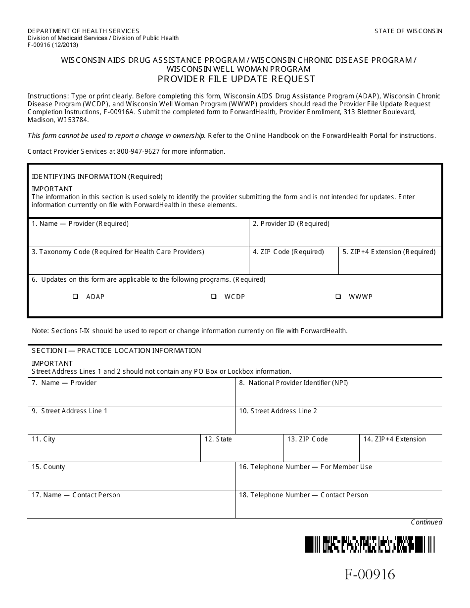 Form F-00916 Provider File Update Request - Wisconsin AIDS Drug Assistance Program / Wisconsin Chronic Disease Program / Wisconsin Well Woman Program - Wisconsin, Page 1