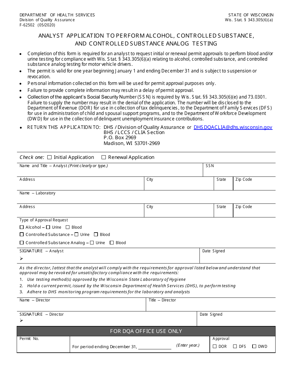 Form F-62502 Analyst Application to Perform Alcohol, Controlled Substance, and Controlled Substance Analog Testing - Wisconsin, Page 1