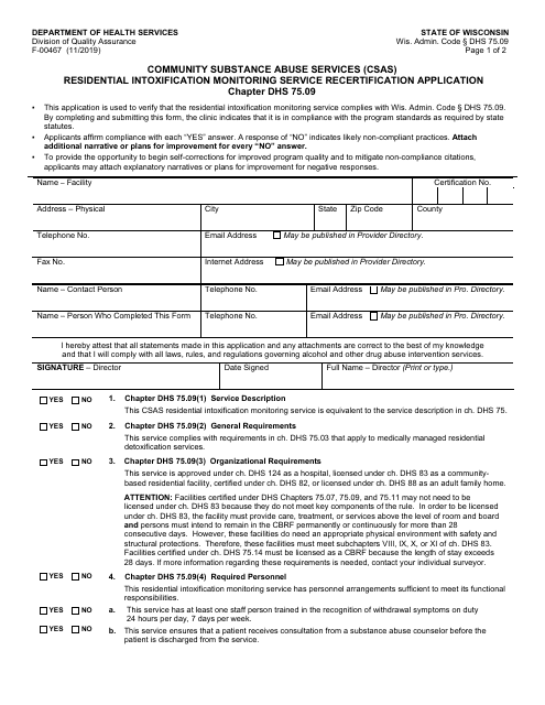 Form F-00467 Community Substance Abuse Services (Csas) Residential Intoxification Monitoring Service Recertification Application - Chapter DHS 75.09 - Wisconsin