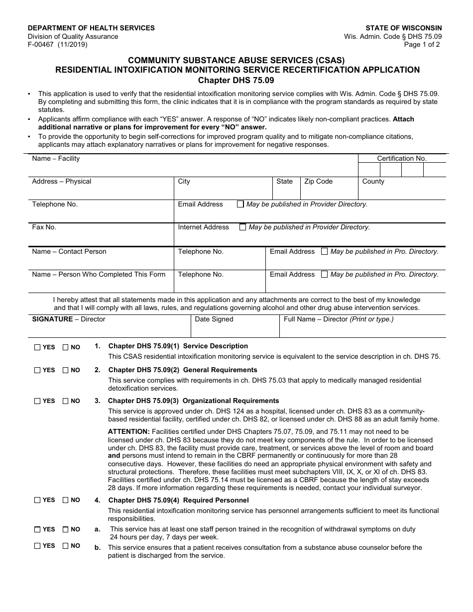 Form F-00467 Community Substance Abuse Services (Csas) Residential Intoxification Monitoring Service Recertification Application - Chapter DHS 75.09 - Wisconsin, Page 1