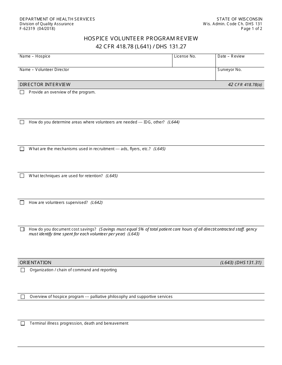 Form F-62319 Hospice Volunteer Program Review - Wisconsin, Page 1