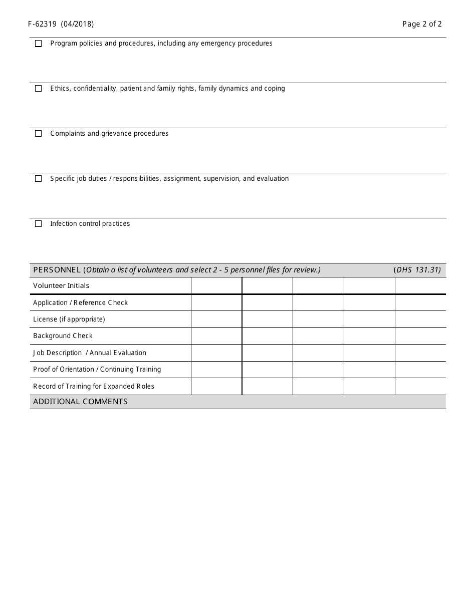 Form F-62319 Hospice Volunteer Program Review - Wisconsin, Page 2