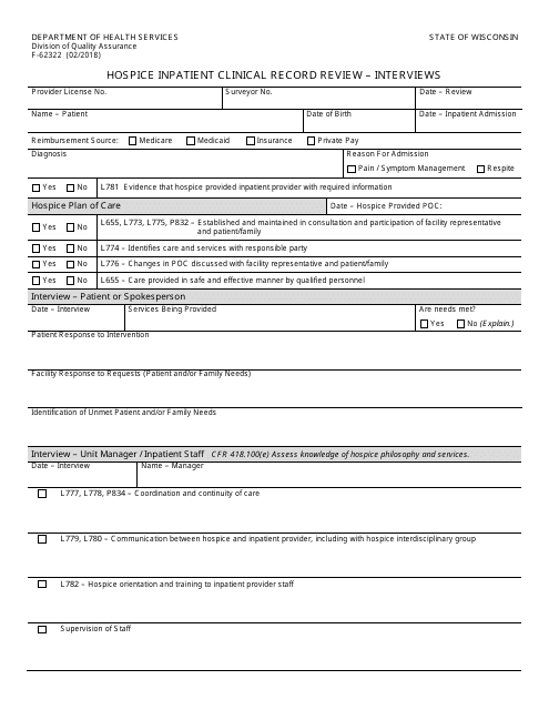 Form F-62322 Hospice Inpatient Clinical Record Review - Interviews - Wisconsin