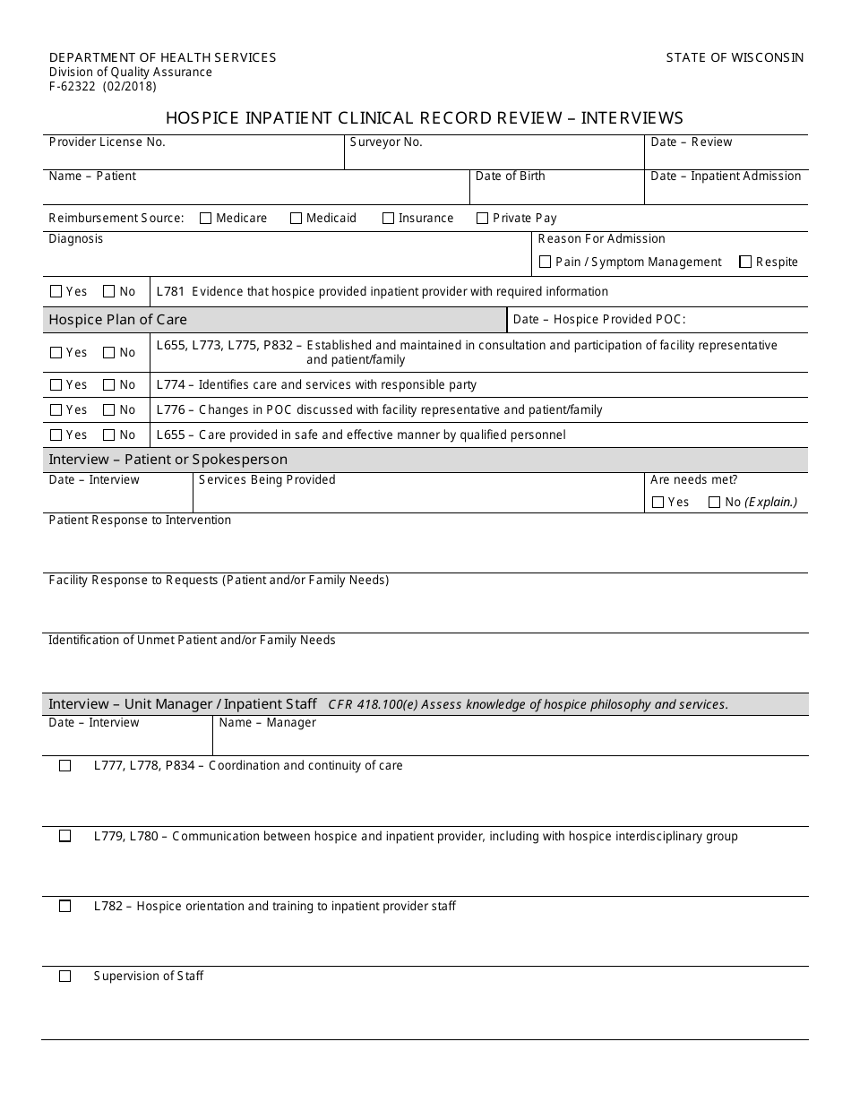 Form F-62322 Hospice Inpatient Clinical Record Review - Interviews - Wisconsin, Page 1