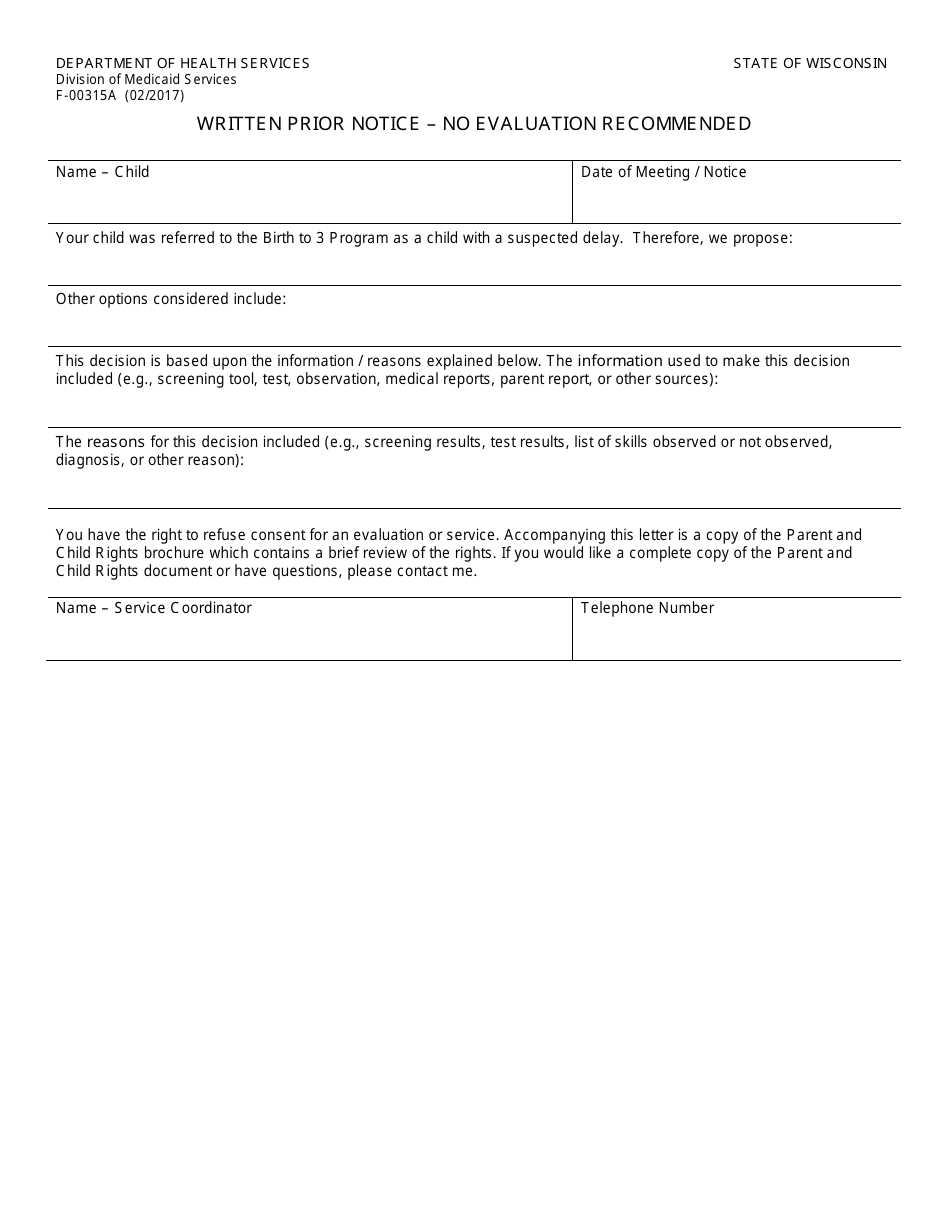 Form F-00315A Written Prior Notice - No Evaluation Recommended - Wisconsin, Page 1