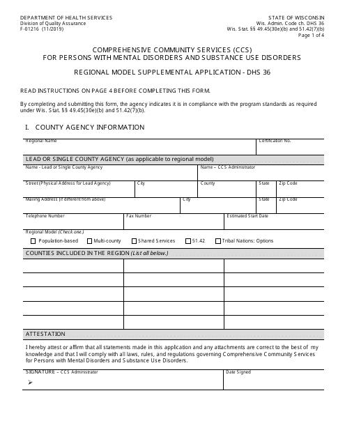 Form F-01216 Comprehensive Community Services (Ccs) for Persons With Mental Disorders and Substance Use Disorders Regional Model Supplemental Application - DHS 36 - Wisconsin