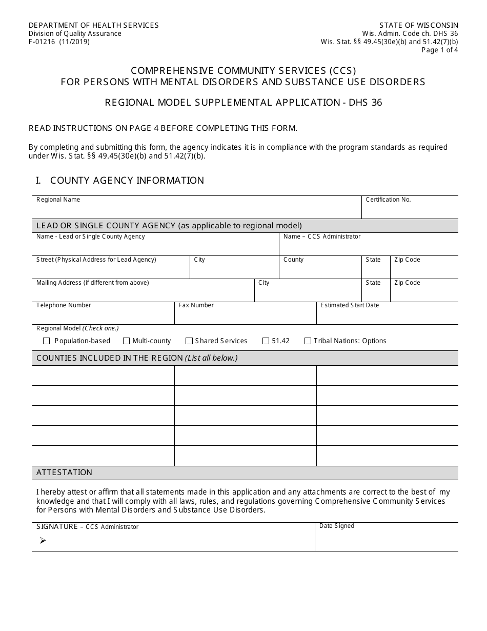 Form F-01216 Comprehensive Community Services (Ccs) for Persons With Mental Disorders and Substance Use Disorders Regional Model Supplemental Application - DHS 36 - Wisconsin, Page 1