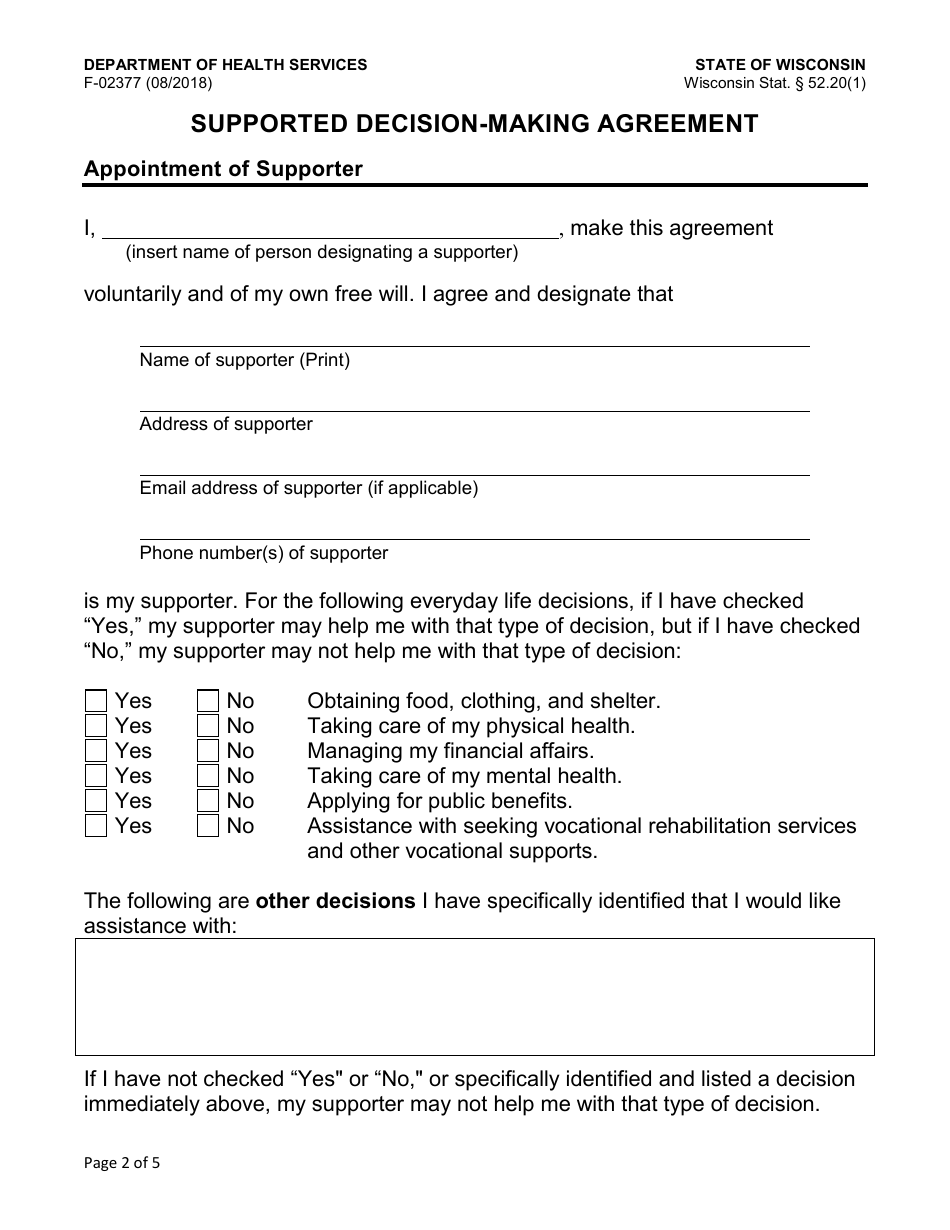 Form F-02377 Supported Decision-Making Agreement - Wisconsin, Page 2