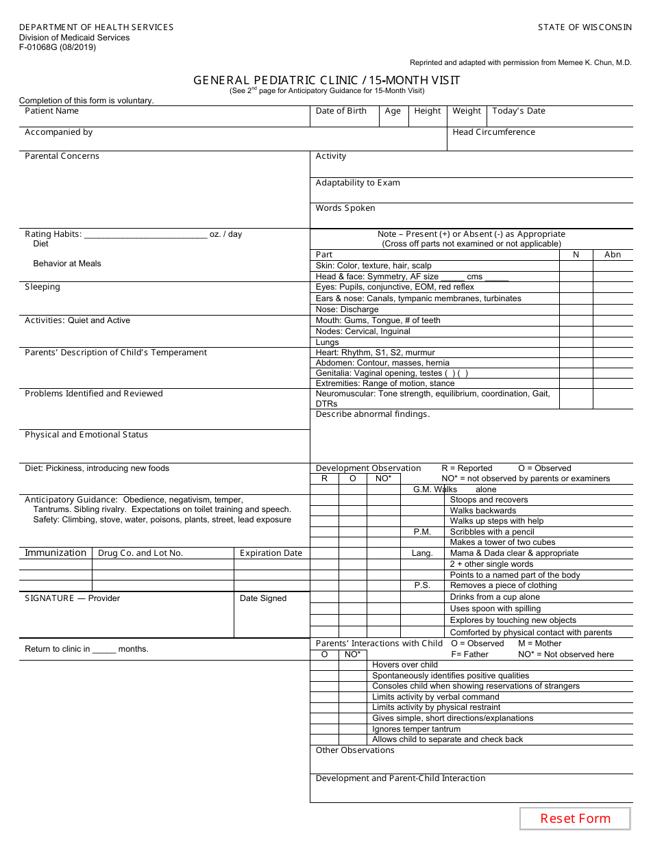 Form F-01068G General Pediatric Clinic - 15-month Visit - Wisconsin, Page 1
