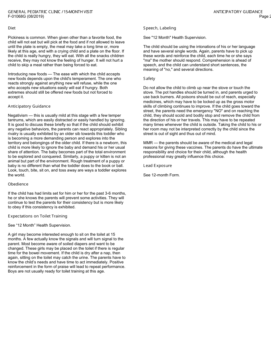 Form F-01068G General Pediatric Clinic - 15-month Visit - Wisconsin, Page 2