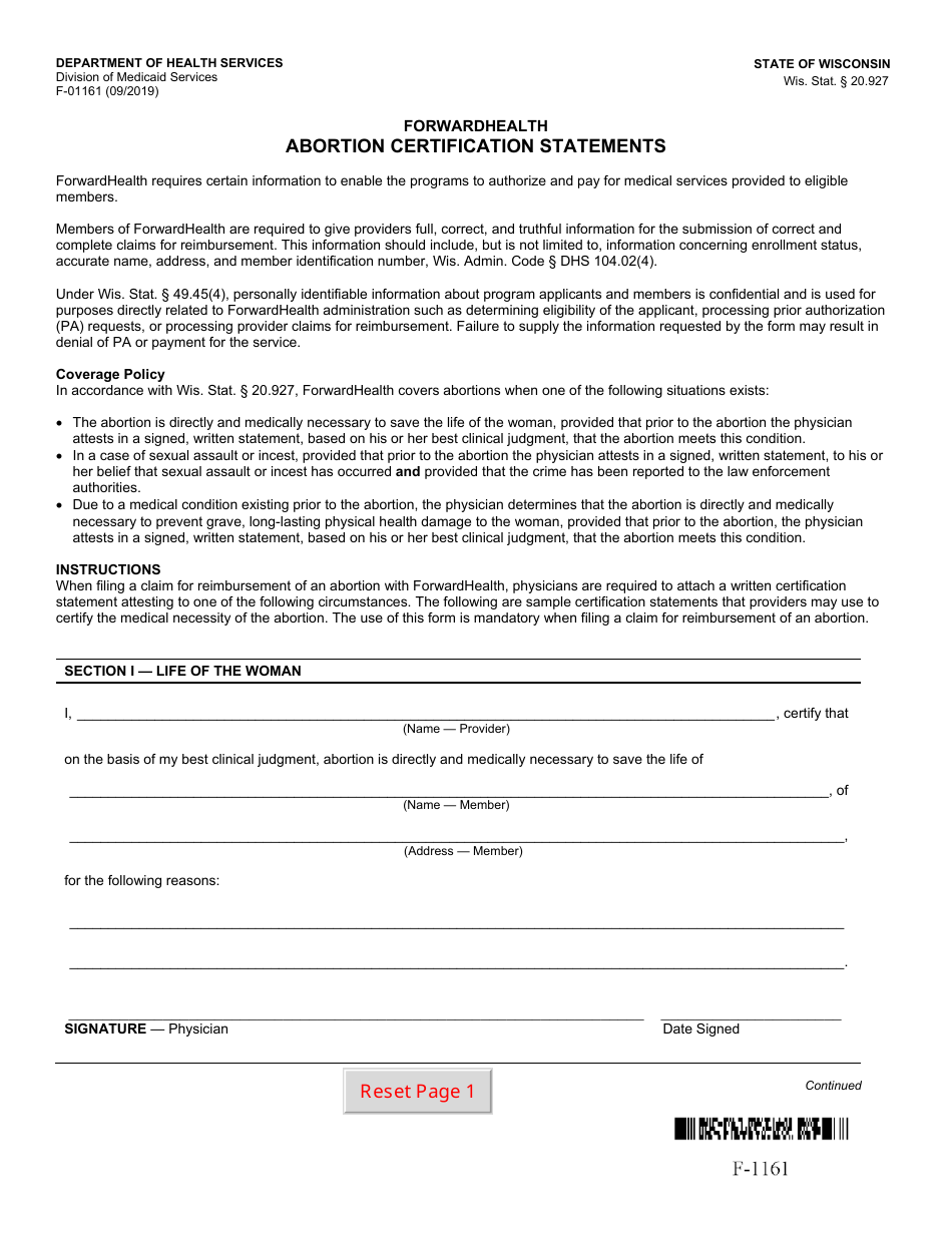 Form F-01161 Abortion Certification Statements - Wisconsin, Page 1