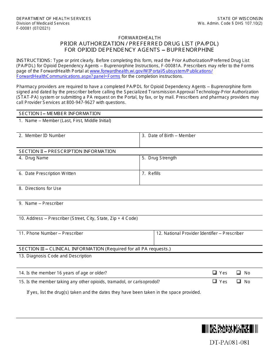 Form F-00081 Prior Authorization / Preferred Drug List (Pa / Pdl) for Opioid Dependency Agents - Buprenorphine - Wisconsin, Page 1