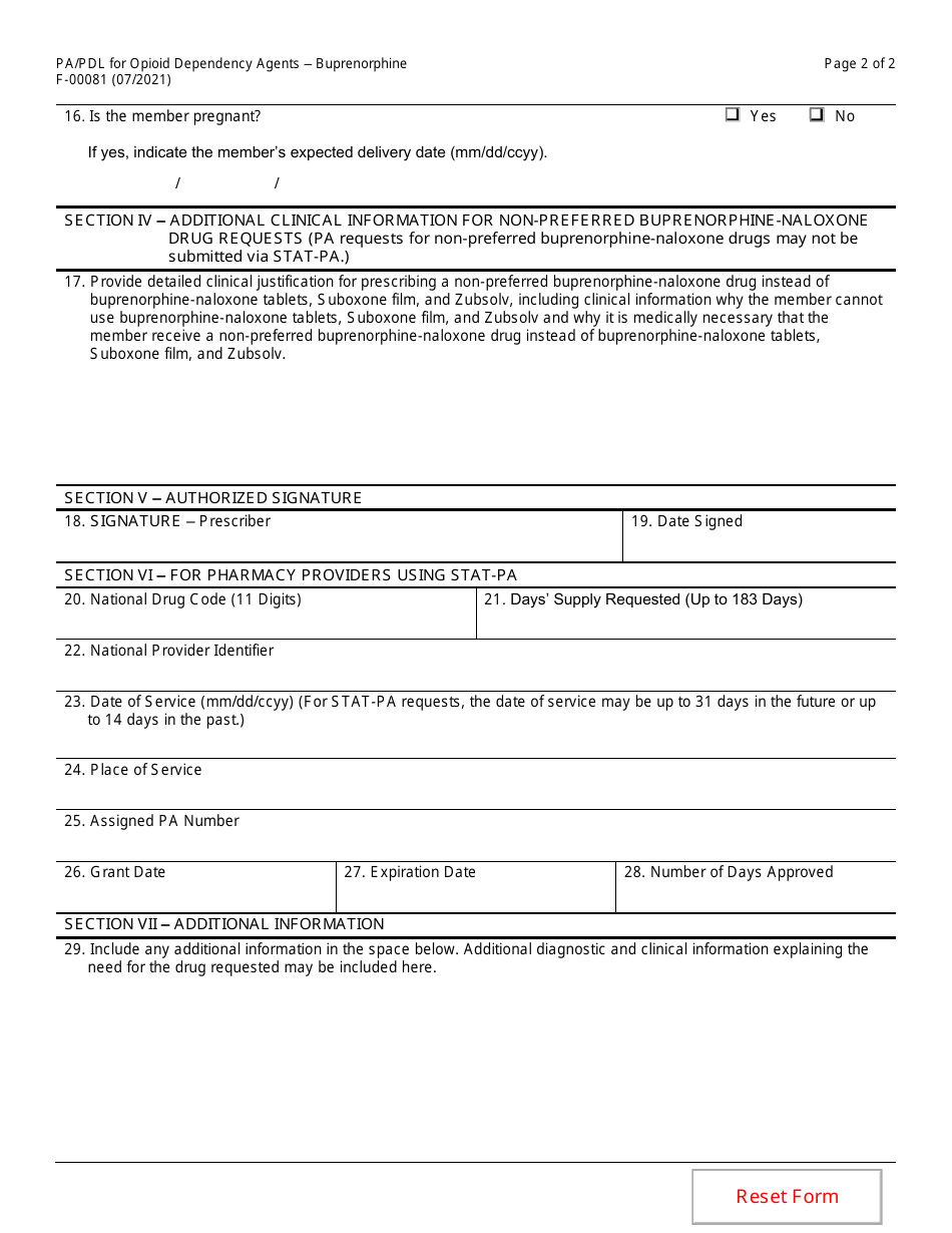 Form F-00081 Prior Authorization / Preferred Drug List (Pa / Pdl) for Opioid Dependency Agents - Buprenorphine - Wisconsin, Page 2
