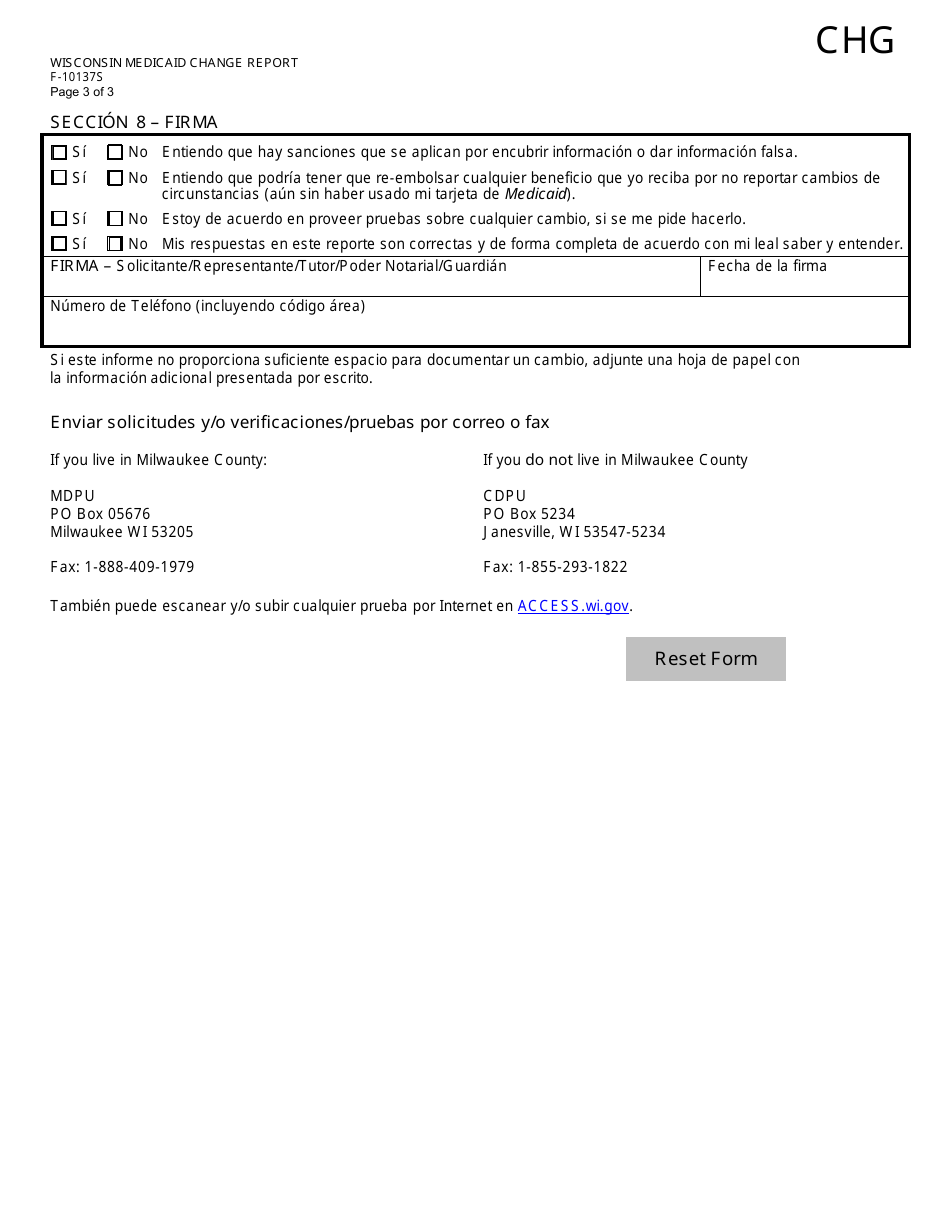 Formulario F-10137 Reporte De Cambios De Medicaid - Wisconsin (Spanish), Page 3