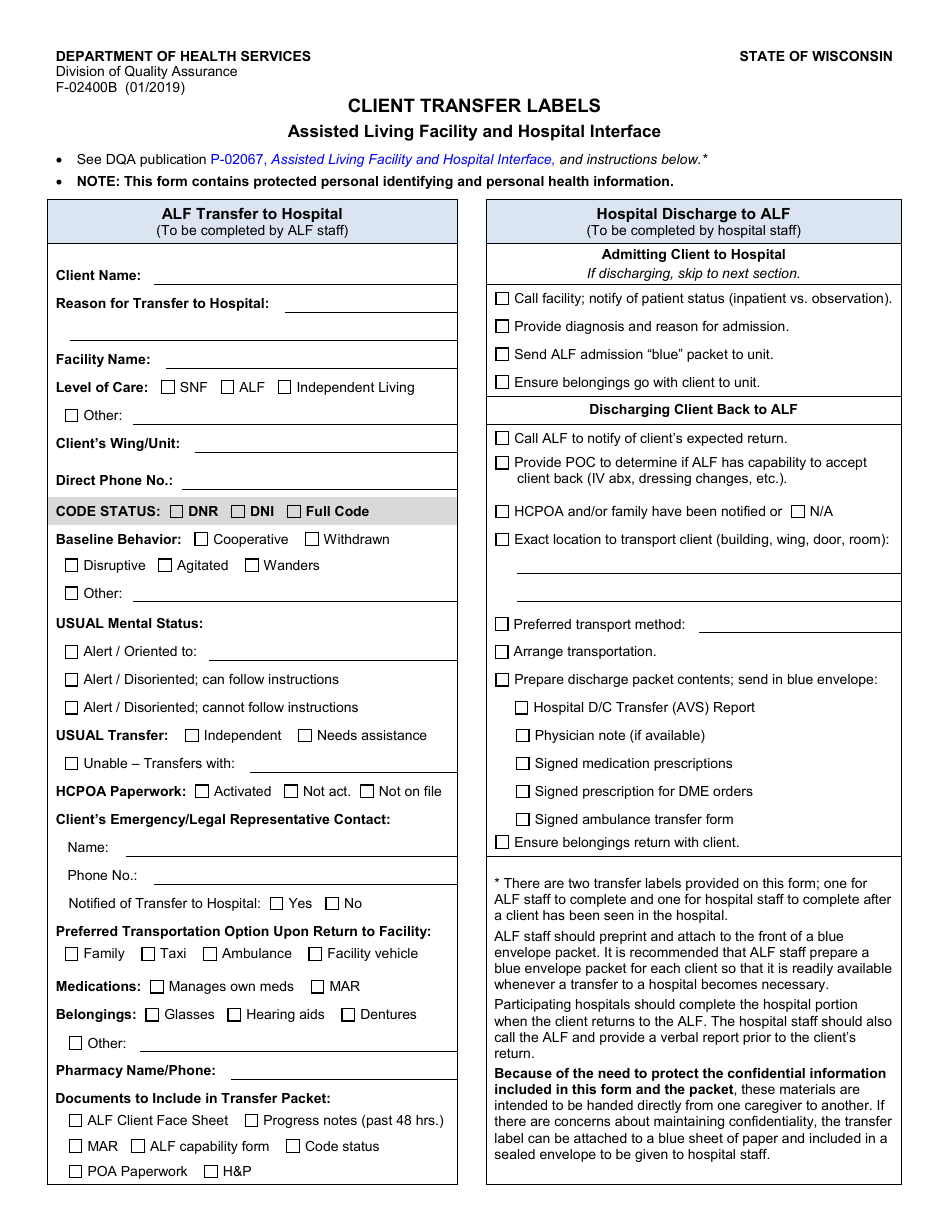 Form F-02400B Client Transfer Labels - Wisconsin, Page 1