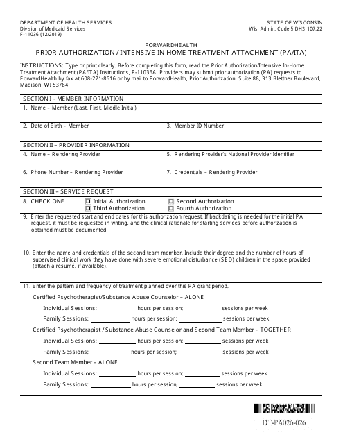 Form F-11036 Prior Authorization/Intensive in-Home Treatment Attachment (Pa/Ita) - Wisconsin