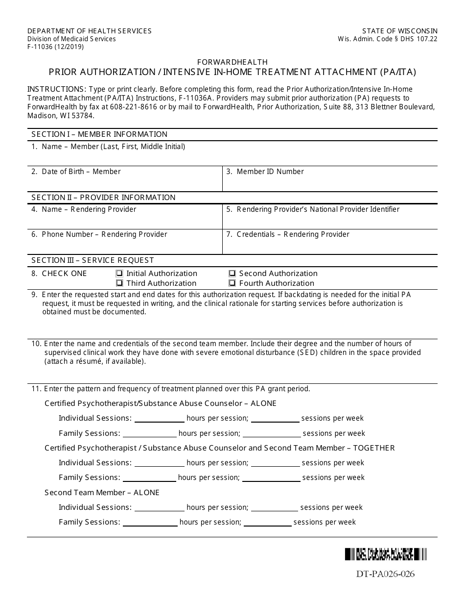 Form F-11036 Prior Authorization / Intensive in-Home Treatment Attachment (Pa / Ita) - Wisconsin, Page 1