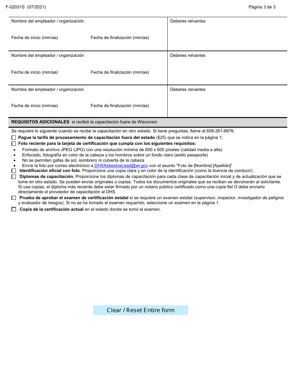 Formulario F-02031 Solicitud Inicial Para Trabajos Con Plomo - Certificacion Individual - Wisconsin (Spanish), Page 3
