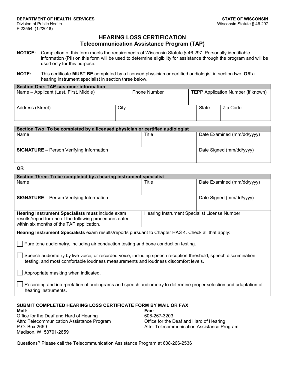 Form F-22554 Hearing Loss Certification - Telecommunication Assistance Program (Tap) - Wisconsin, Page 1